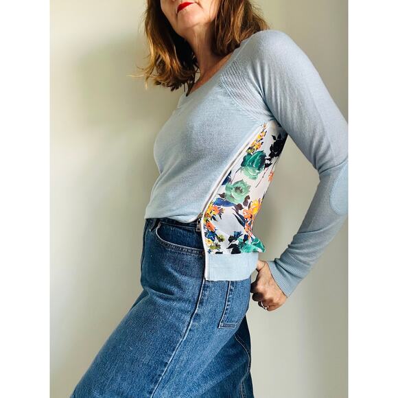 Sachi +Babi Wool Sweater Top Sheer Floral Print Blue Size 4 Quiet Luxury - Picture 3 of 9